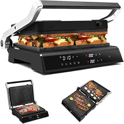 COSTWAY Sandwichmaker 3 in 1, 1800W Kontaktgrill, Waffeleisen, 2 abnehmbare Antihaftplatten, Unabhängige&Exakte Temperatureinstellung, 90℃-230℃, Reinigungsfreundliches Zubehör, Edelstahl, Alu, Teflon