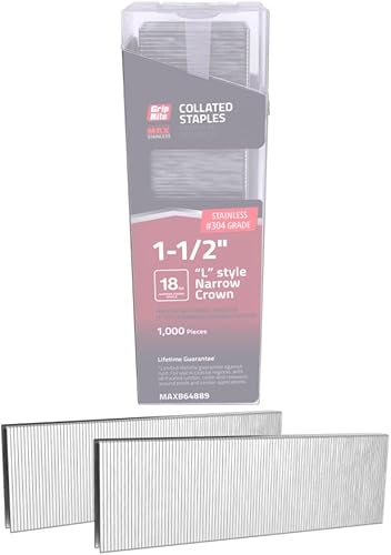 Grip Rite Prime Guard MAXB64889 - Grapas de acero inoxidable 304 de calibre 18 de 14 de pulgada de 14 pulgadas por 1-12 pulgadas en caja de clip