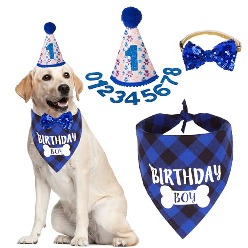 ADOGGYGO Dog Birthday Party Supplies, Boy Dog Birthday Hat with Numbers, Plaid Birthday Dog Bandana and Blingbling Dog Bow Set for Large and Extra Large Dogs Pets (X-Large) ADOGGYGO Dog Birthday Party Supplies, Boy Dog Birthday Hat with Numbers, Plaid Birthday Dog Bandana and Blingbling Dog Bow Set for Large and Extra Large Dogs Pets (X-Large)