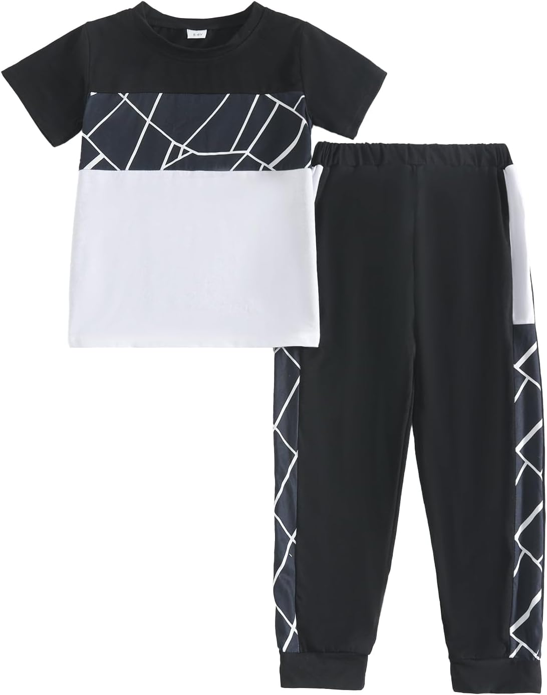 Yoxindax Kid Boy Clothes Geometric Printed Color Blocking Top Summer Long Pants 2PC Summer Outfit Set