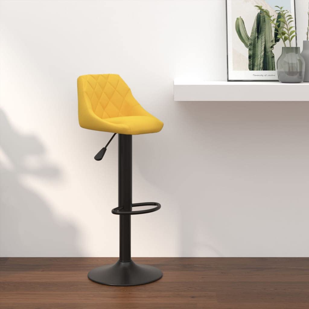 Taburete de bar de terciopelo amarillo mostaza con reposapiés y muelle de gas, altura regulable y giratorio 360 grados, estructura de acero negro con recubrimiento de polvo, taburete de cocina
