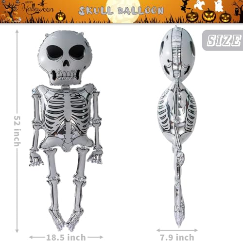 Image of AMFIN (Pack of 1) Halloween Skeleton Foil Balloon - 52 Inch Giant Skeleton Balloon Decoration | Scary Halloween Party Supplies - Black & White