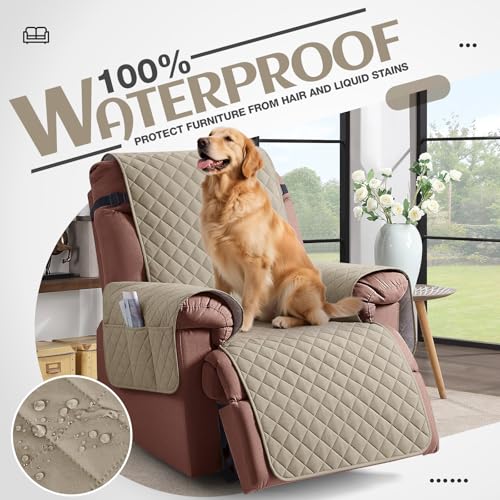 Image of KinCam 100% Waterproof Recliner Chair Cover, Reclining Couch Covers for Pets, Dogs, Recliner Couch Slipcover Furniture Protector with Elastic Straps for Kids(30 inch, Khaki)