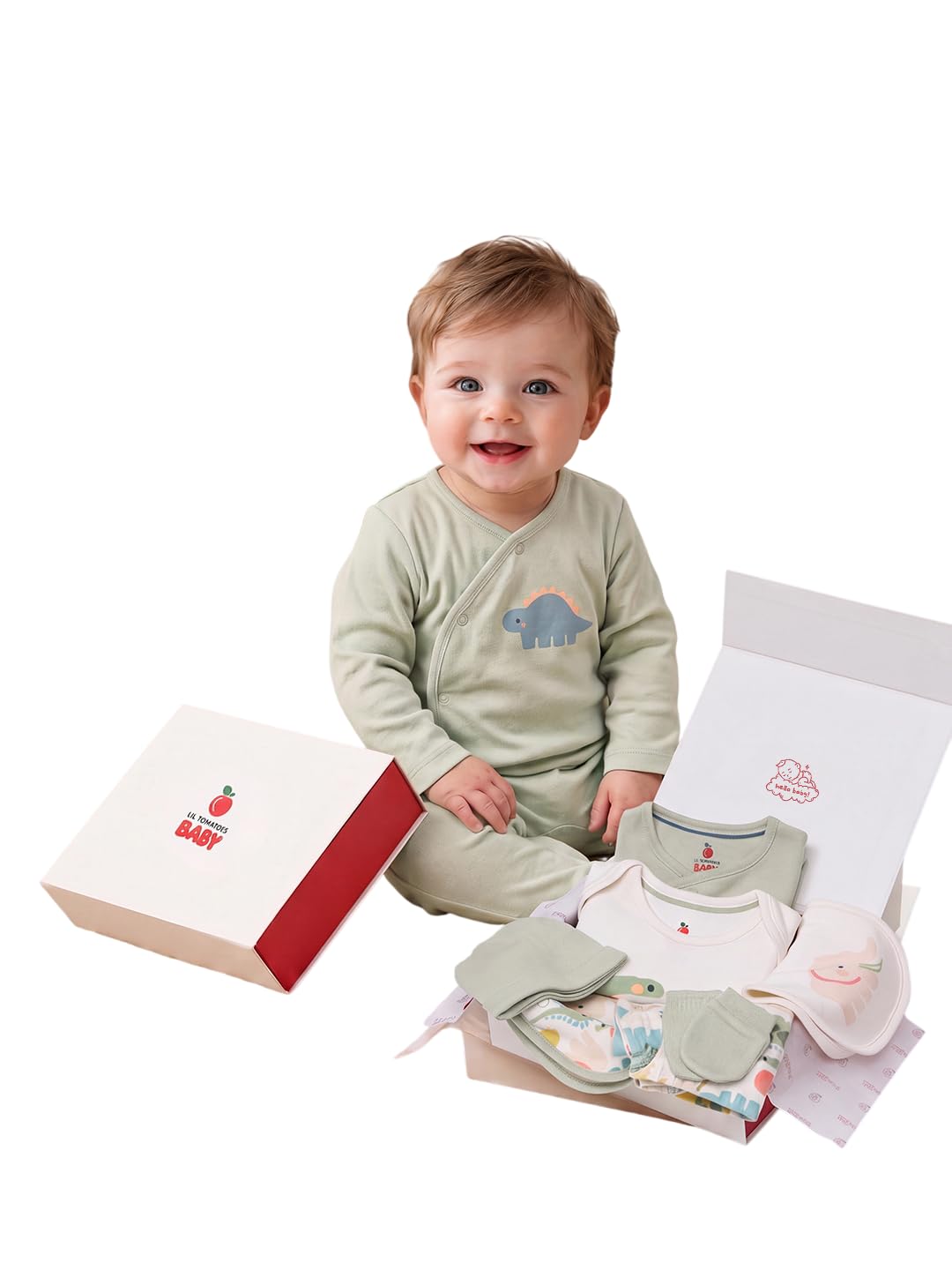 7 Pcs Clothing Gift Set with Box, 100% Cotton Soft & Breathable 7-Piece, Romper, T-shirt, Pants, Bib, Cap, Mittens & Swaddle, 0-12 Months, All-Season Wear-image-36