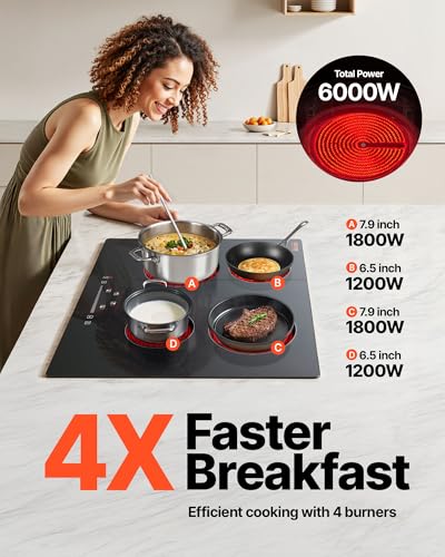 Image of VEVOR Built in Electric Stove Top, 24inch 4 Burners, 240V Glass Radiant Cooktop with Sensor Touch Control, Timer & Child Lock Included, 9 Power Levels for Simmer Steam Slow Cook Fry