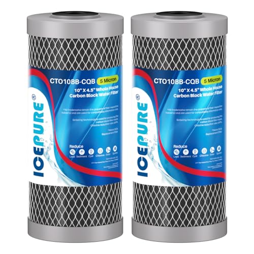 Image of ICEPURE 5 Micron 4.5 inch x 10 inch CTO10BB-CQB Whole House Water Filter Upgraded Coconut Shell Activated Carbon Lead Removal Water Filter Replacement for Home, 2PACK