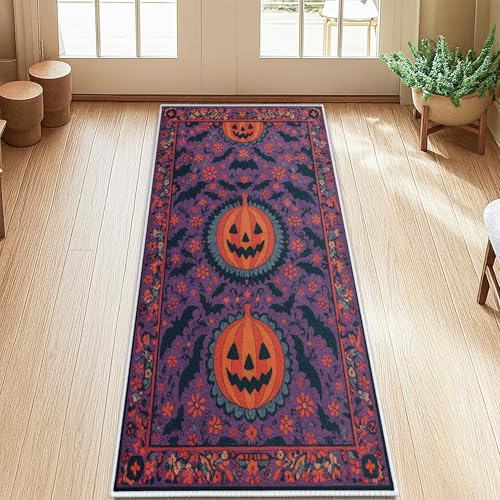 Kürbis-Läufer, Halloween-Teppich, festliche Fledermaus-Blume, Halloween, rutschfest, rechteckig, fusselfrei, für Küche, Flur, Waschküche, Eingangsbereich, Dekoration, 60 x 150 cm Kürbis-Läufer, Halloween-Teppich, festliche Fledermaus-Blume, Halloween, rutschfest, rechteckig, fusselfrei, für Küche, Flur, Waschküche, Eingangsbereich, Dekoration, 60 x 150 cm