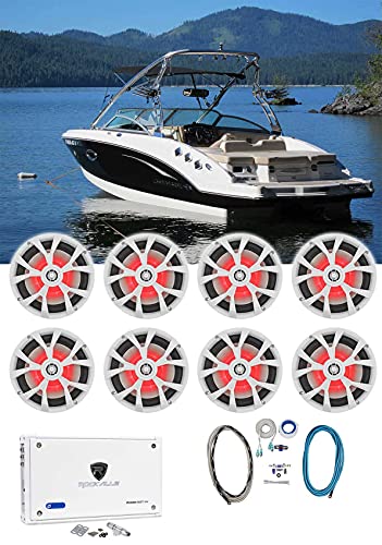 Rockville RKL80MW Bundle: (4) Pair of 8" 900W Marine Boat LED Speakers, RXM8BTW 8-Channel 1500W Class D Bluetooth Amplifier, RMWK4 4 AWG Waterproof Wire Kit,6 Items