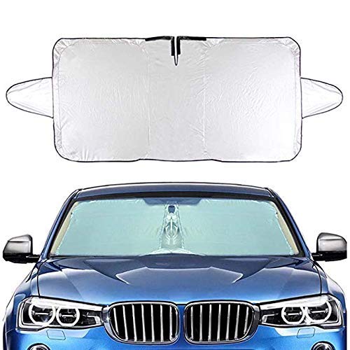 Felizcoche Big Size Windshield Sun Shade Rectangle Rings Silver UV Reflector Universal Fit Inside Use for Summer Reduce Heat,Outside Use for Winter Block Snow 65“x33”with Ear