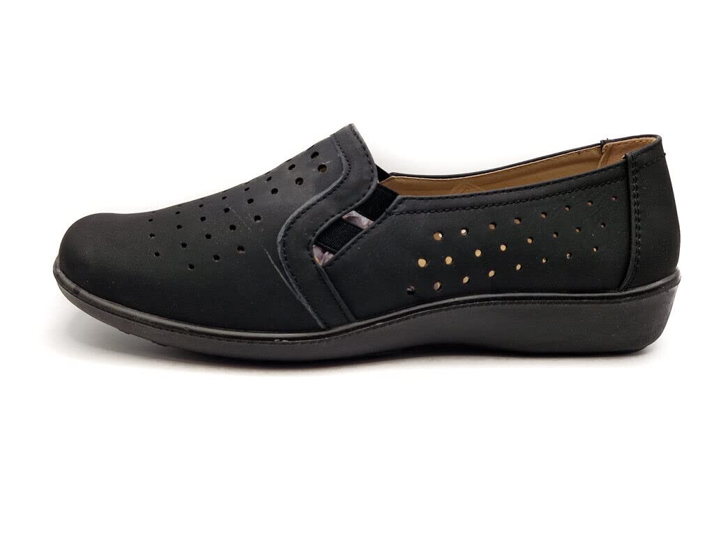 GenericDr Lightfoot Ladies Faux Leather Memory Foam Breathable Slip On Laser Cut Comfortable Flat Womens Shoes Black Size 6
