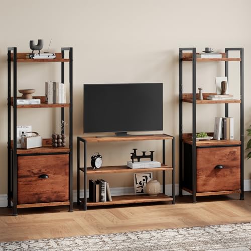 Image of DUMOS 4 Tier Bookshelf with Fabric Drawer, Industrial Bookcase, Narrow Display Standing Shelf, Wood and Metal Storage Shelf Organizer in Bedroom, Living Room, Rustic Brown