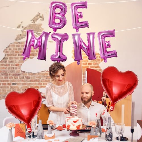 Image of Valentines Day Balloons Decoration, Be Mine and Red Heart Letter Balloons Banner Valentine Balloon Banners for Sweetest Valentine's Day Romantic Be Mine Party Decorations