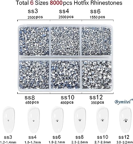 Image of Bymitel Hotfix Crystal Rhinestones Round Gems for Crafts,Mixed 6 Sizes with Wax Pencil Kit, Labrdor1.3-3.2mm(SS3-SS12 /8000pcs)