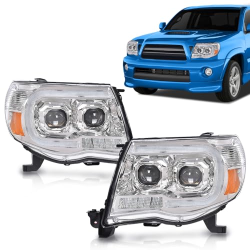 Image of GRAND ORANGE LED Tube Projector Headlights Assembly Headlamps W /o Bulbs Compatible with Toyota Tacoma 2005-2011 Clear Lens Chrome Housing Amber Reflector Driver & Passenger Side