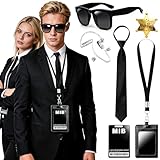 Helixor Man In Black Costume Carnevale - Accessori Costumi Carnevale Donna Uomo con Occhiali da Sole, Cravatta, Auricolari Realistici, Carta Identità, Porta Carta Identità, Spilla a Stella