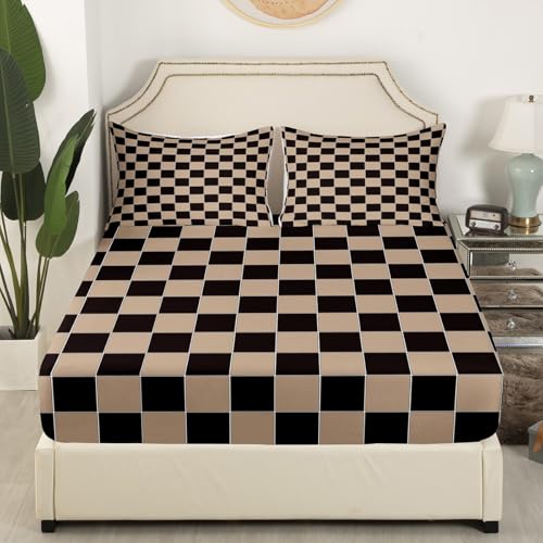 Image of Erosebridal Geometric Plaid Bed Sheets Queen Beige Black Brown Checkerboard Bedding Checkered Grid Sheet Set for Kids Boys Men,Modern Aesthetic 1 Fitted Sheet 1 Flat Sheet 2 Pillow Cases
