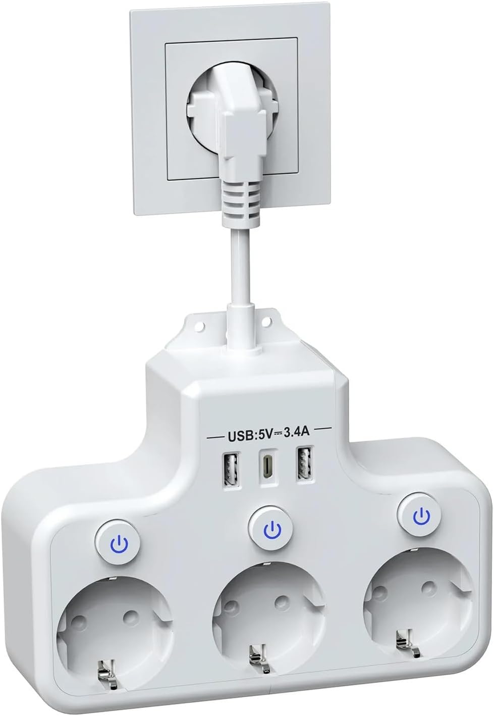 Multi Plug Electrical Outlet, EU Power Strip 2 USB A 1 Type C Multitap Socket with Switch 5CM Extension Cord 4000W 16A(White)