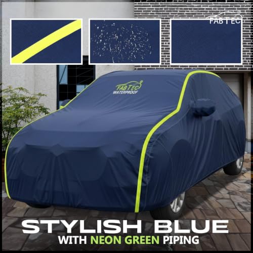 Image of FABTEC Waterproof Car Body Cover for Kia Seltos Outdoor /Indoor All Weather Protection with Mirror Pocket Triple Stitched (Premium Navy Blue with Neon Piping)