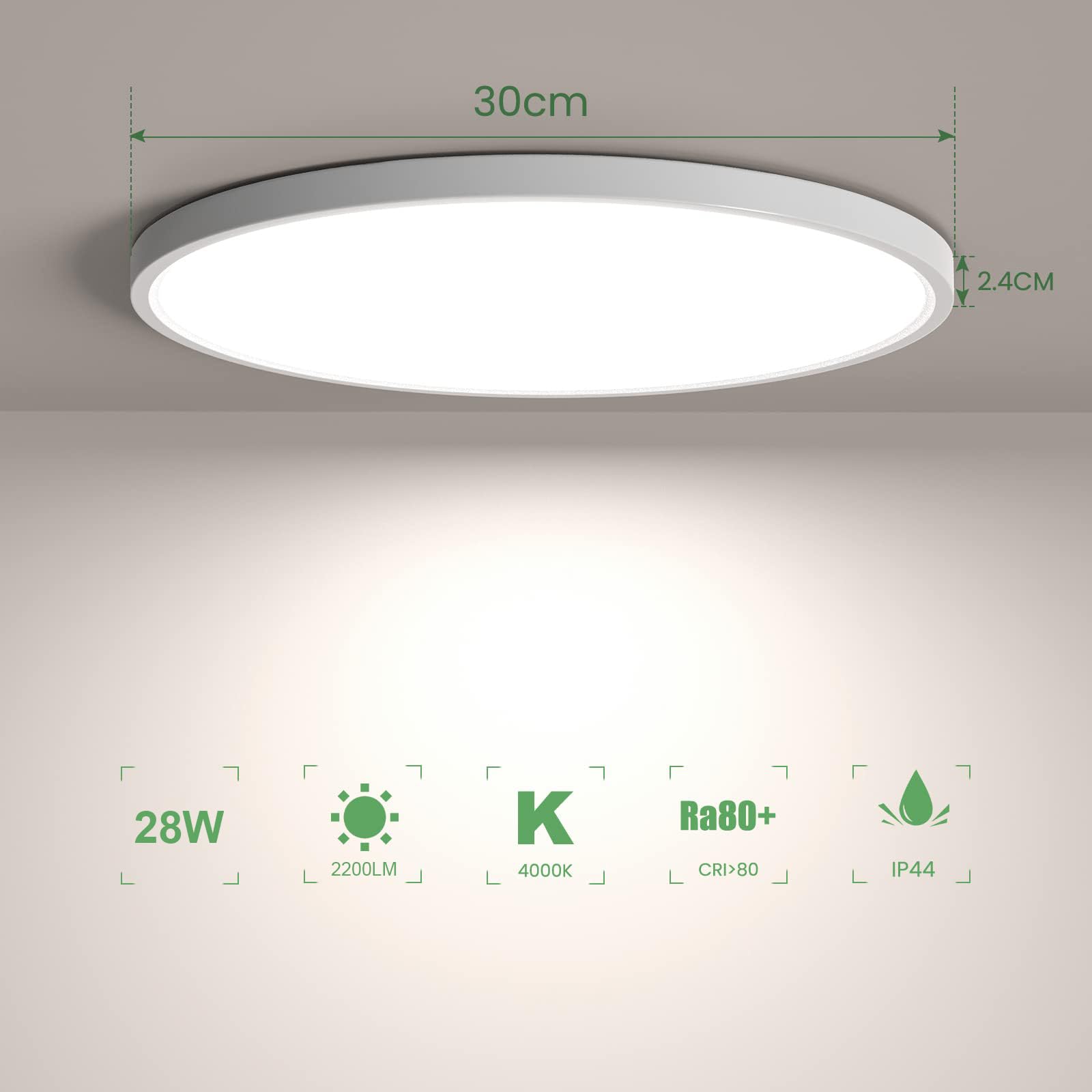 OTREN Plafoniera LED Soffitto, Lampadario Bagno 2400lm, Lampada Luce Moderna per Camera da Letto, Cucina, Soggiorno, Ufficio, Balcone, 4000K Luce Calda, Ø30CM