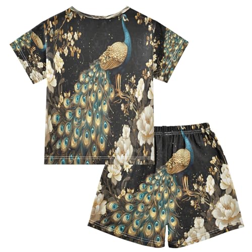 ALAZA Peacock Art Bird Blossom Peony Pajamas Set Short Sleeve Cotton Sleepwear Summer Pjs 2 Piece 5-14Y2
