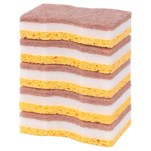 Image of Scrub Sponges Kitchen, Non-Scratch Scrub Dish Sponges, Dual-Sided Cleaning Sponges for Kitchen, Household, Bathroom 5 Pcs Brown