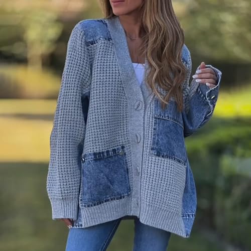 Patchwork Cardigan Sweaters for Women Fall Winter Vintage Chunky Cable Knit Button Down Cardigans with Pockets2