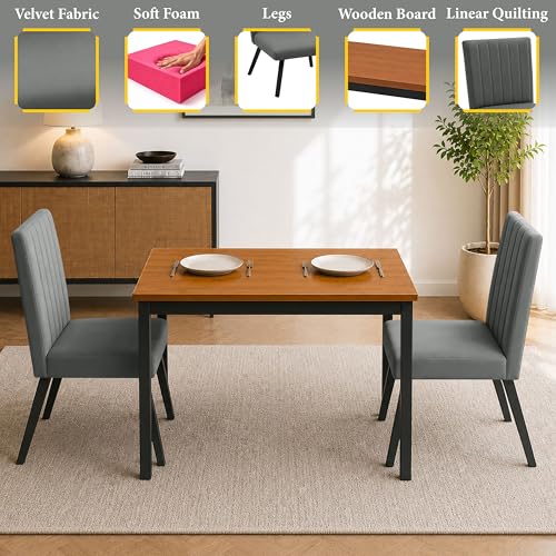 Image of Rosebell Set of 2 Dining Table Chairs with Wooden Top Table, Upholstered Cushioned Chairs, Modern Compact Dining Set for Home, Kitchen & Dining Room (Grey)