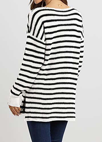 Kirundo 2023 Fall Winter Women's Oversized Long Sleeve Striped Sweater Casual Crewneck Side Split Pullover Knit Tops(Beige White, Small) #TOP4