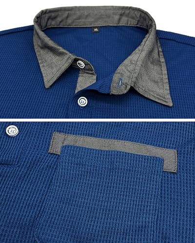 Men's Waffle Polo Shirts Long Sleeve Pocket T-Shirt Lightweight Casual Patchwork Pullover Tops4