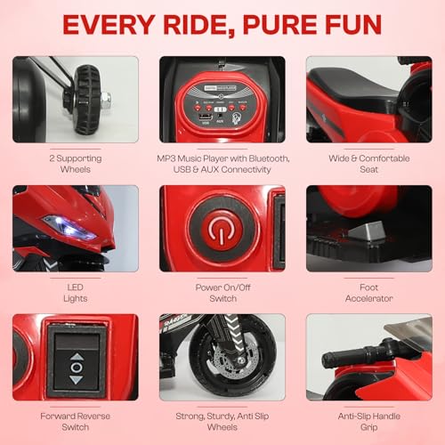 Image of Toyzone Speed Electric Bike (Red) | 6V Rechargeable Bike for Kids with 4.5Ah Battery | LED Lights, Music, MP3 /USB /BT | Smooth Acceleration | 6M Battery Warranty | Age 2-8 Years, Upto 35 kg