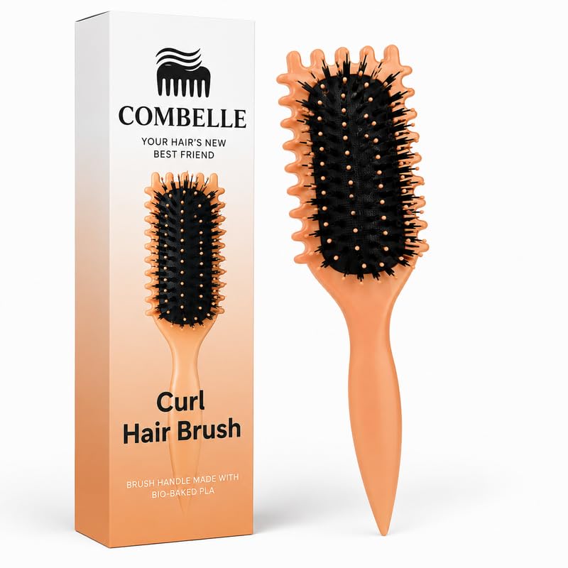 Image of Combelle 5-in-1 Curl Hair Brush | Vegan Boar Bristles | Bio-Based PLA Handle | Detangling, Defining & Frizz Control for Curly & Wavy Hair | For Men & Women - Peach Orange (Pack of 1)