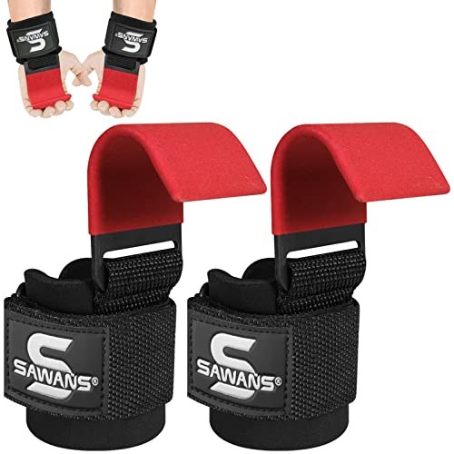 Lifting Hooks Non-Slip Coated Heavy Duty Solid Steel Neoprene Thick Padded Wrist Support Pair of Weight Lifting Gym Straps Deadlifts Chin Pull Up Fitness Bar Grip Strength Training Equipment (Red)