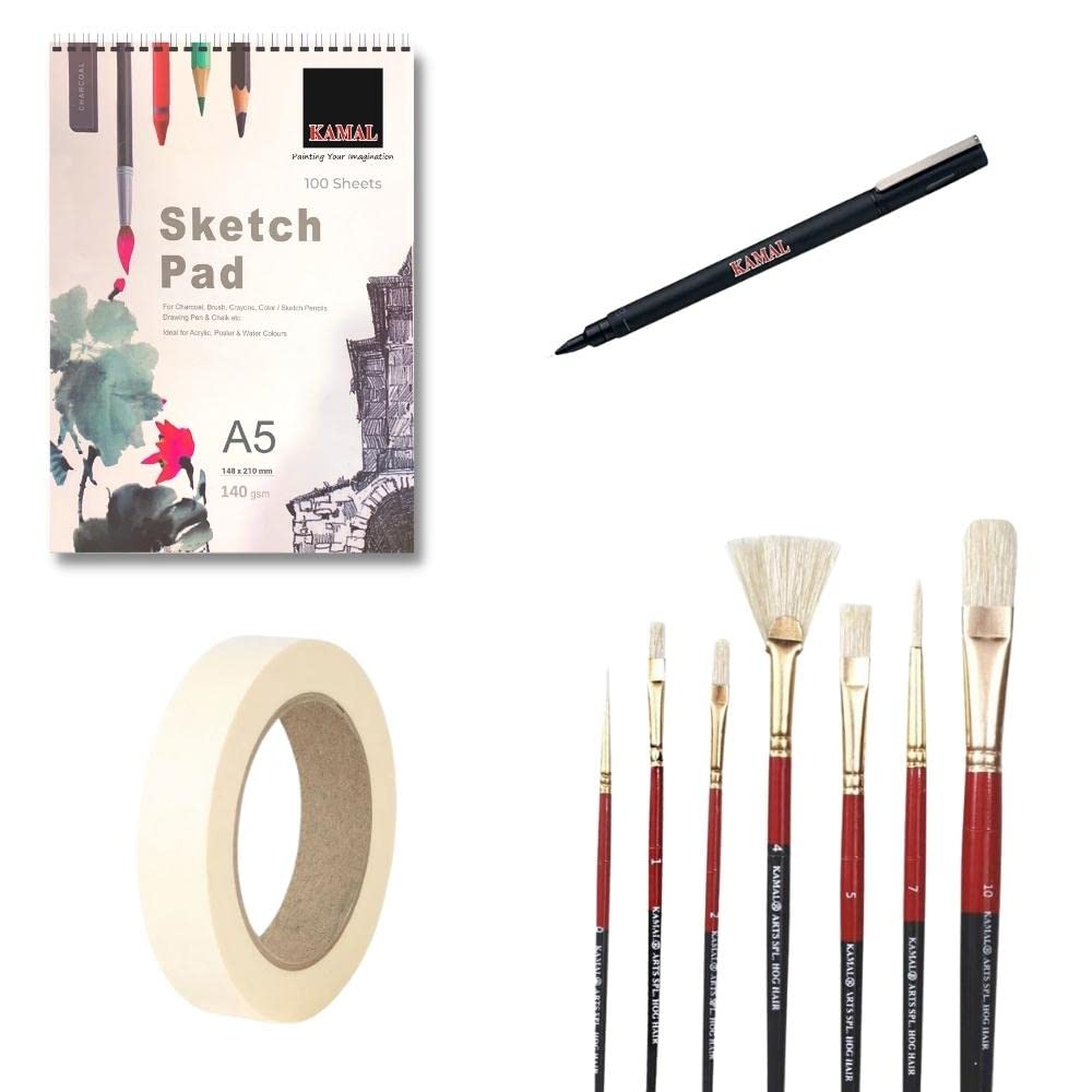 KAMAL Artist Quality Mix Hog Hair Brush Set Combo with A5 Sketch Pad, Masking Tape and Fine Liner Pen for Acrylic Painting, Oil Painting, Modern Art Painting