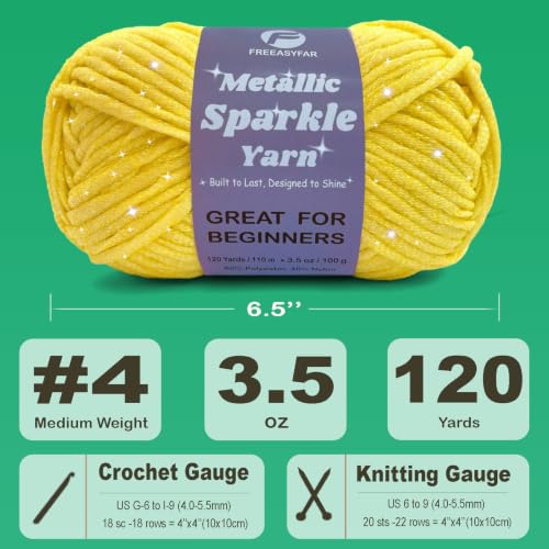Image of Metallic Sparkle Yarn for Crochet and Knitting with Easy-to-See Stitches, Worsted Weight Medium #4, Beginners Yarn for Amigurumi, Bags, Handmade Gifts, Home Decor (Yellow, 1 Pack)