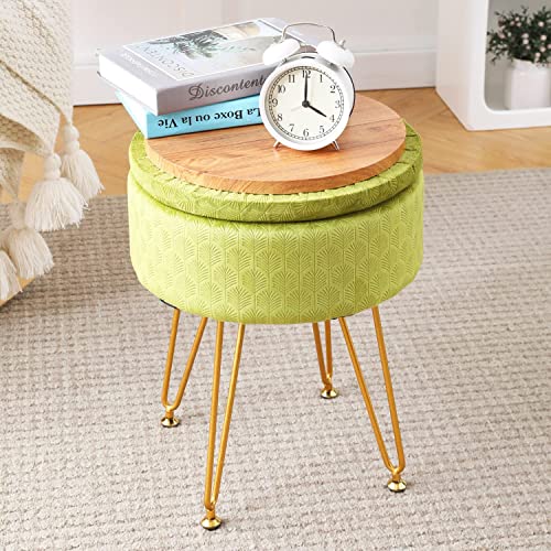 Cpintltr Velvet Storage Ottoman Round Footrest Stool Multifunctional Upholstered Ottoman Modern Accent Vanity Stools Tray Top Coffee Table Suitable For Living Room Bedroom Entryway Macha Green #TOP2