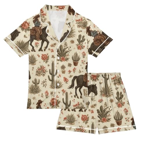 Satin Pajama Sets Short Sleeve Cowgirl Riding Horse and Cactus Button Down Silky Nightwear 2 Piece PJS 5Y,