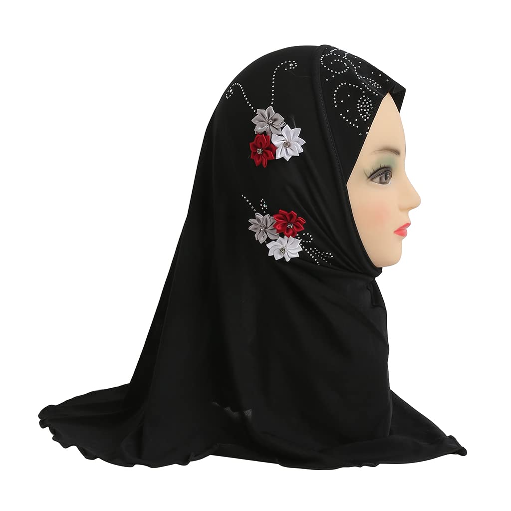 rlmiesy Muslim Hijab Little Girl Full Cover Shawl Cap Full Neck Six Small Flowers Rhinestone Embellished Scarf (Black)