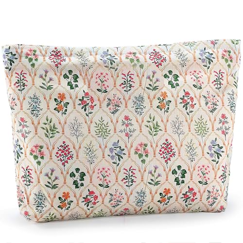 Mezrkuwr Bolsa de maquillaje de flores para mujer, bolsa de viaje de gran capacidad, bolsa de viaje con cremallera, portátil, de algodón, organizador de maquillaje de viaje grande, multicolor, large
