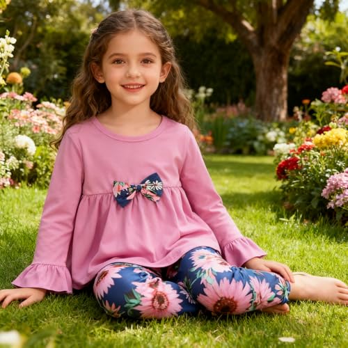 Image of Kids Toddler Girls Clothing Set Long Sleeve Top With Bowknot ＋Floral Print Pants 2 Pcs Fall Outfits Set