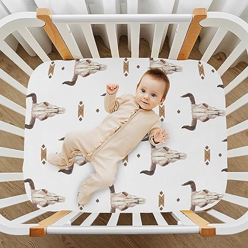 Image of Western Bull Skull Crib Sheets Soft Breathable Fitted Baby Playard Sheets Mattress Cover for Girl Boys, 39 inch x 27 inch x 5 inch