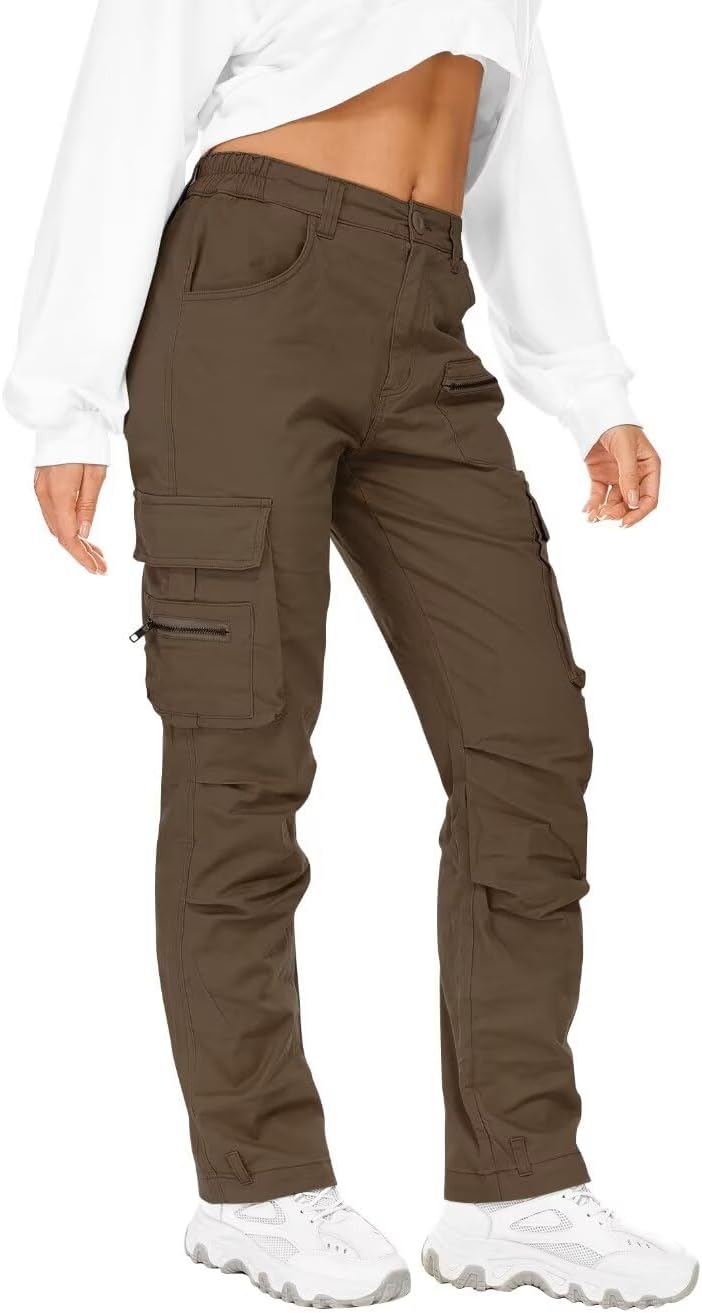 KOCTHOMY Hiking Pants Women Relaxed Fit Cargo Pants Casual Work Pants with Zipper Pockets No Belt, 8611 Brown 2