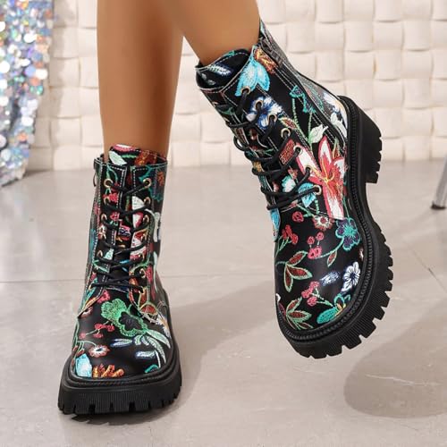 Women's Flowers Flat Ankle Boots Side Zipped Lace-Up Cowgirl Shoes Western Platform Winter Fall Combat Boots2