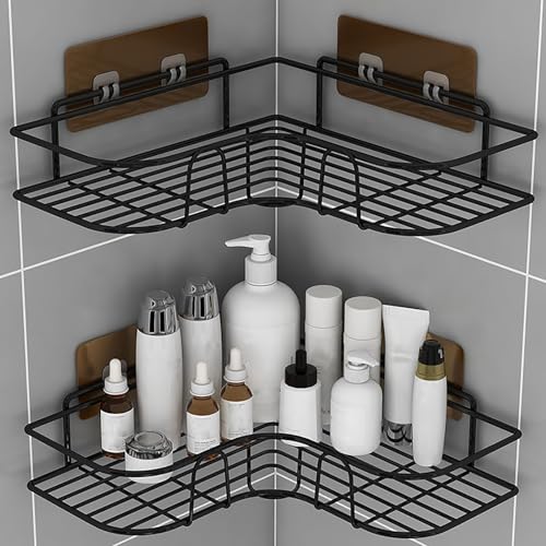 Koncey Organizador Baño, 2 PCS Estantería Ducha Esquinera, Soporte Ducha Pared Sin Taladro, Retrete Estanteria Rinconera, Estante de champú(Negro)
