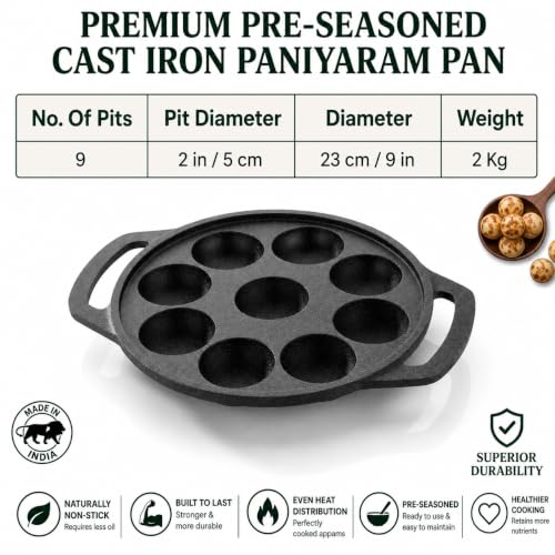 Image of Cast Iron 9 Cavity Paniyaram Pan | Pre-Seasoned Appam Patra, Kuzhi Paniyaram, Appe, Paddu, Ponganal, Litti & Pancake Maker | Naturally Non-Stick | Gas & Induction Compatible | 2 Side Handles (9 Pit)