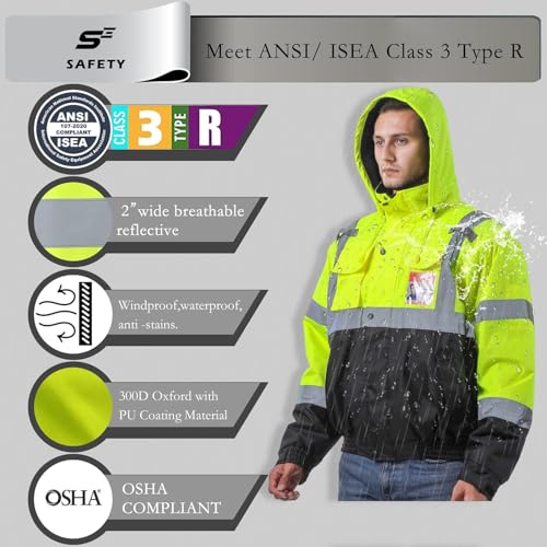 sesafety Reflective Jacket for Men, High Visibility Jackets, Safety Jackets for Men, Hi Vis Construction Bomber Jackets Waterproof with Pockets and Zipper, Black Bottom, Class 32
