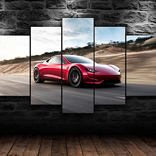 Tableau Tesla Roadster en 5 pièces pour salon decoration de maison moderne 125x60cm