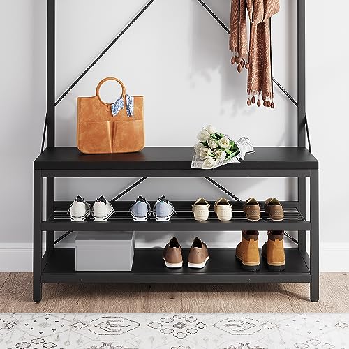 IDEALHOUSE Coat Rack Shoe Bench Industrial Hall Tree Storage Bench for Entryway, Wood Look Accent Large Shoe Rack with Storage Shelf Hanging Bar and 8 Hooks Black 39.9"x15.7"x72"