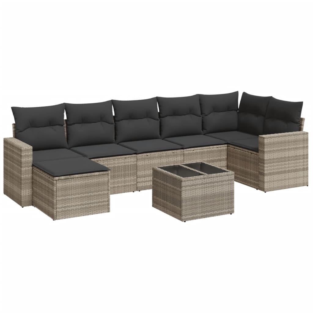 Set di 8 divani da giardino in polyrattan grigio chiaro, set modulare con cuscini e vano portaoggetti, mobili da terrazza per giardino e balcone, tavolo con piano in vetro