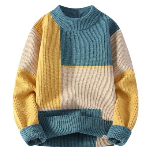 Men's Crew Neck Knit Sweater Patchwork Pullover Loose Fit Casual Winter Autumn Streetwear