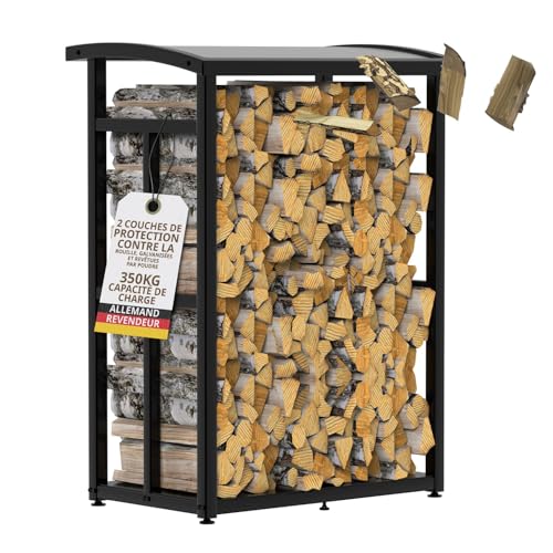 LAWA Living and Lifestyle Range-buches exterieur avec toit 91 x 56 x 117 cm porte-buches metal noir abri bois de chauffage pour terrasse balcon Petite étagère à bois...
